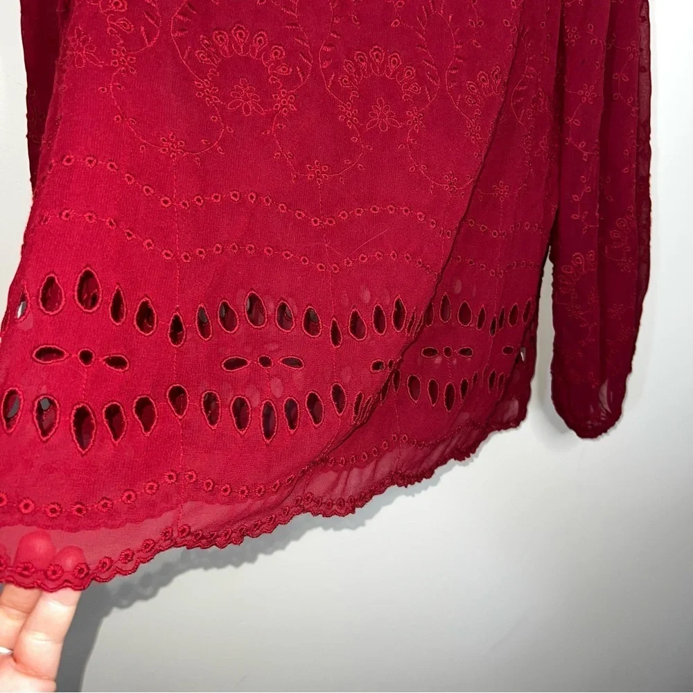 J. Crew Lace Eyelet Blouse Balloon Sleeve Burnt Red Size Medium